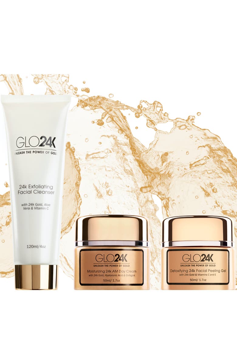 GLO24K UNLEASH THE POWER OF GOLD 24k Gold Moisturizing Day Cream, Peeling Gel, Exfoliating Facial Cleanser Complete Set, Alternate, color, Na