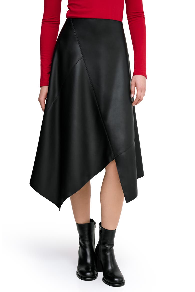 Coralie Asymmetric Hem Faux Leather Skirt, Main, color, BLACK