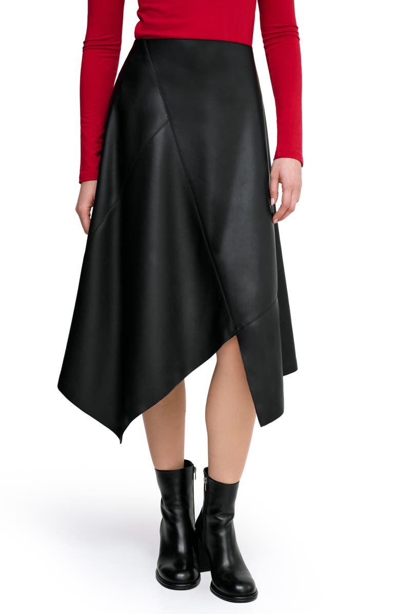 Marcella Coralie Asymmetric Hem Faux Leather Skirt, Main, color, Black
