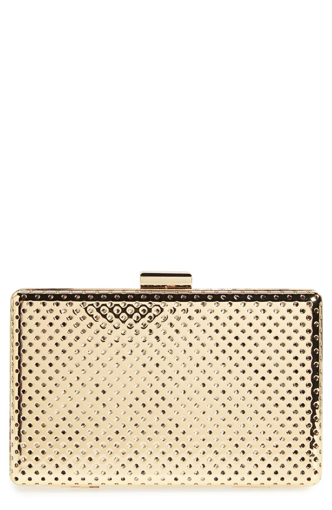'Raquelle' Perforated Metal Box Clutch, Main, color, GOLD