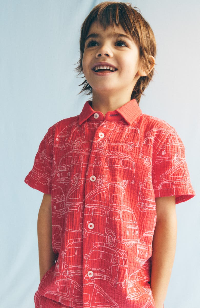 Mini Boden Kids' Double Cloth Shirt, Alternate, color, Jam Red Camper Van