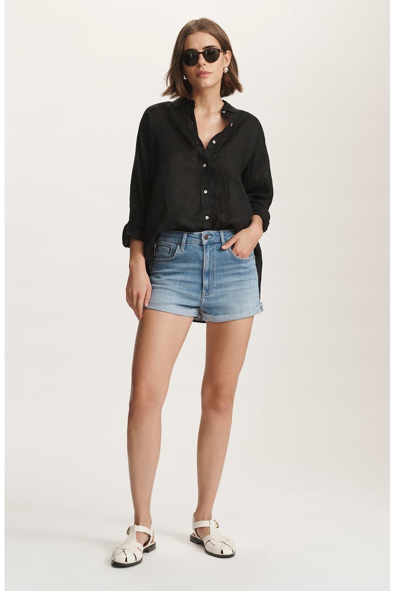 Oversize Linen Button-Up Shirt, Alternate, color, BLACK