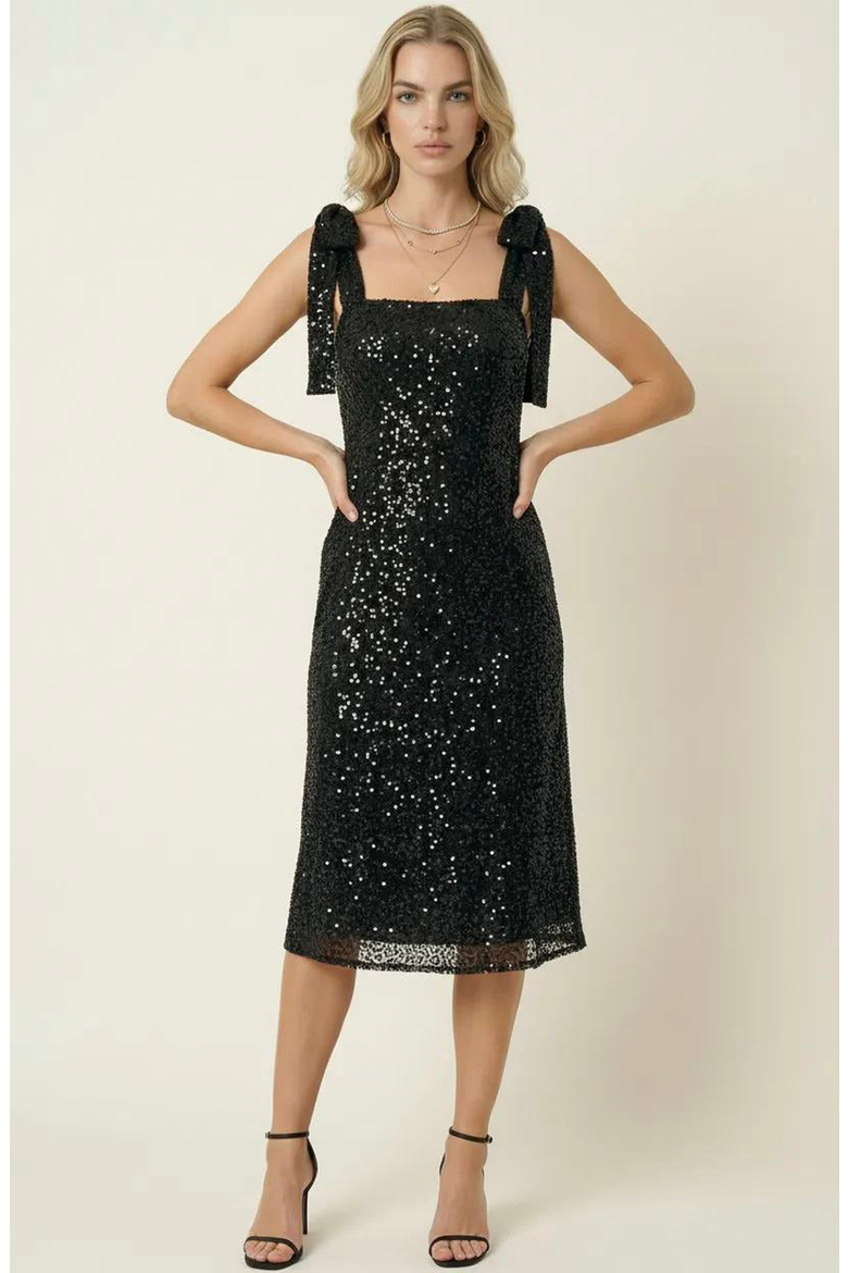 Sequin Midi Dress with Tie Straps and Square Neckline, Alternate, color, Black Sequin