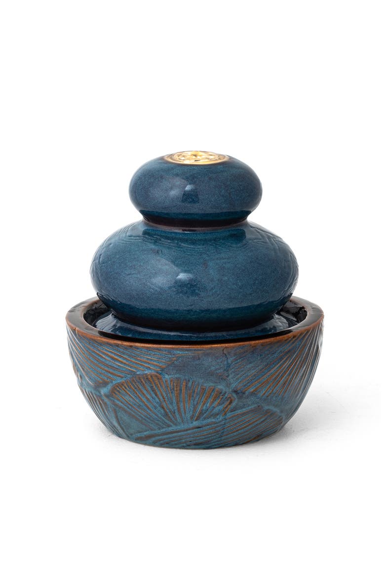 Ceramic Leaf Textured Tabletop Fountain with Pump and LED Light, Main, color, Turquoise