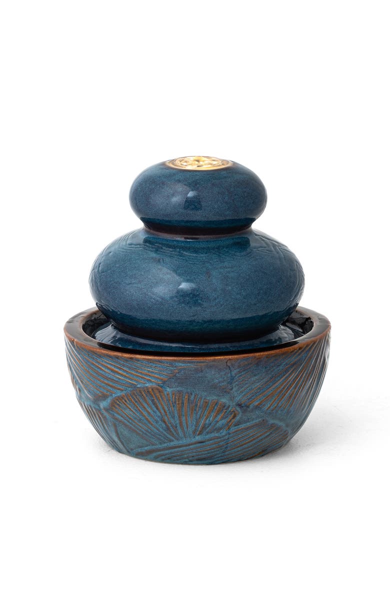 Glitzhome Ceramic Leaf Textured Tabletop Fountain with Pump and LED Light, Main, color, Turquoise