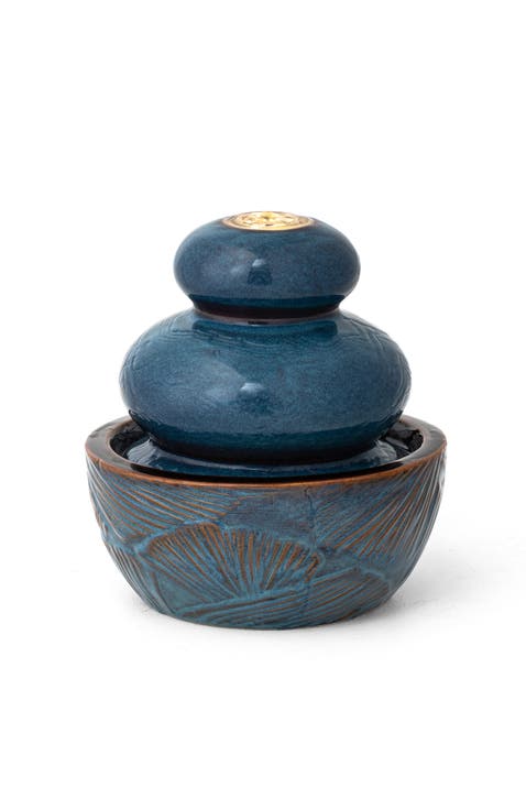 Ceramic Leaf Textured Tabletop Fountain with Pump and LED Light