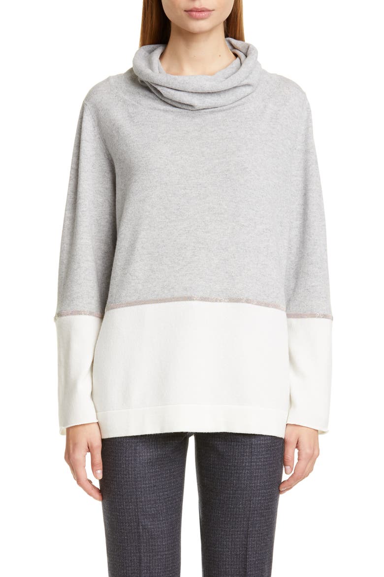 Bicolor Chain Trim Wool, Silk and Cashmere Sweater, Main, color, GREY/ WHITE
