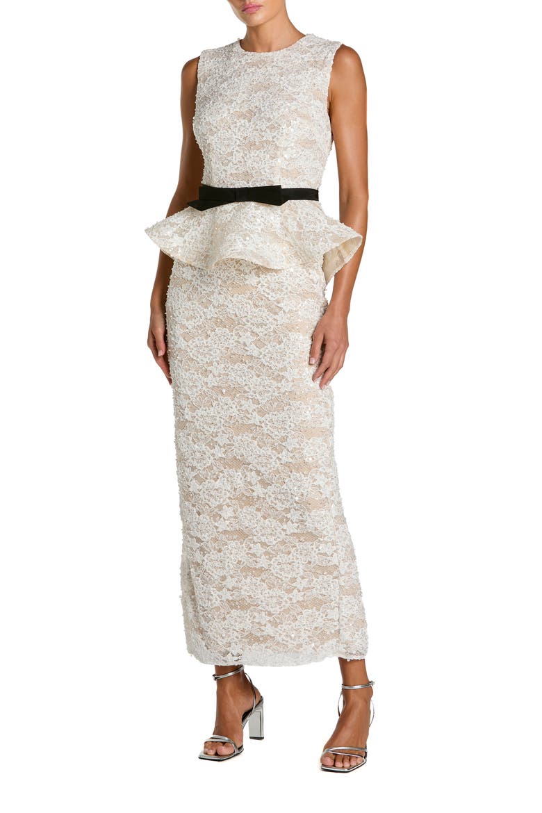 Sleeveless Lace Peplum Top Column Gown With Bow, Main, color, Ivory Nude