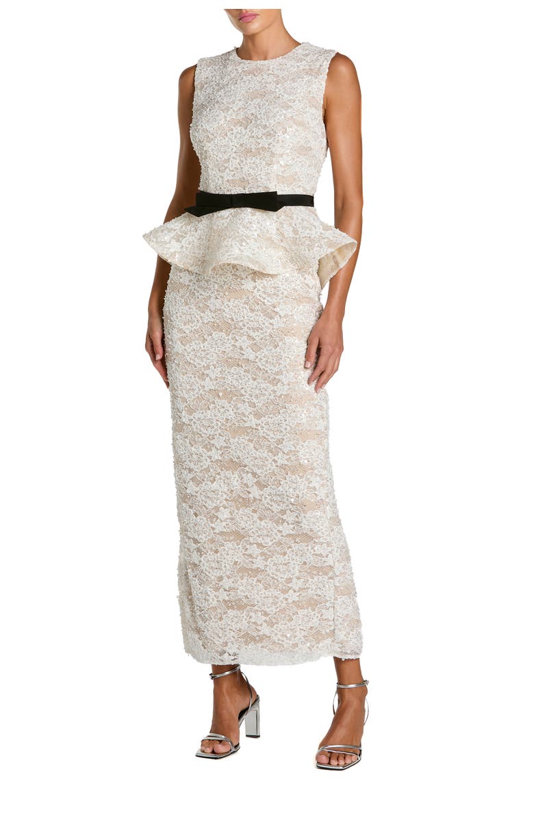 Mac Duggal Sleeveless Lace Peplum Top Column Gown With Bow, Main, color, Ivory Nude