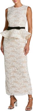 Mac Duggal Sleeveless Lace Peplum Top Column Gown With Bow