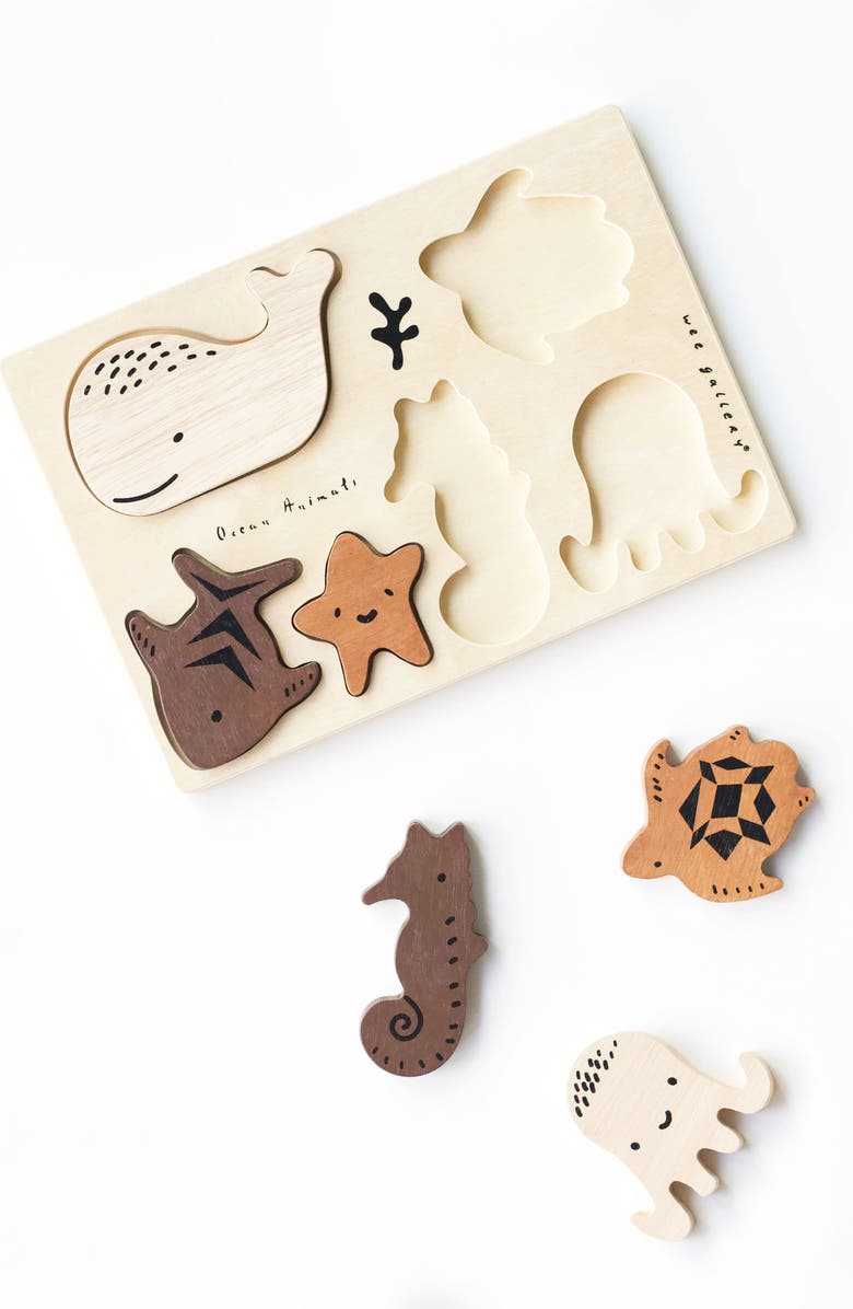Wee Gallery Ocean Themed Wooden Tray Puzzle, Nesting Blocks and Wooden Nesting Bird Bundle, Alternate, color, Woodland