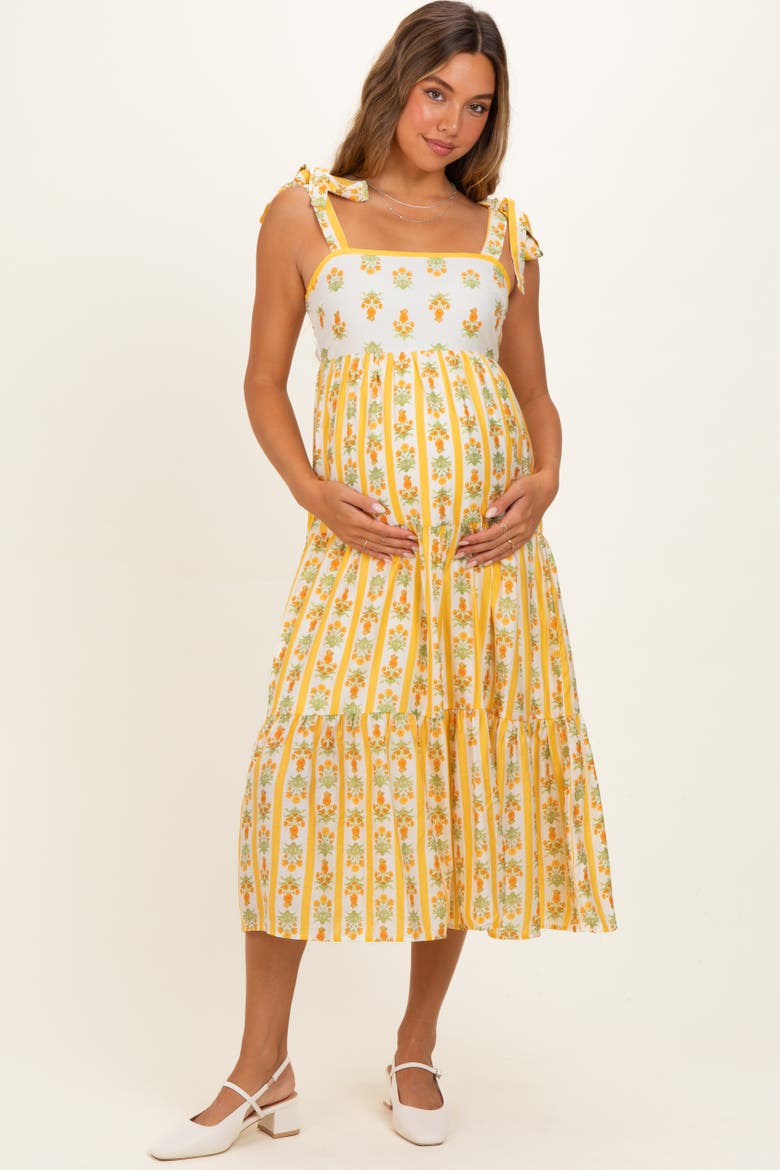 Striped Floral Shoulder Tie Midi Dress, Main, color, Yellow