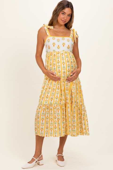 Striped Floral Shoulder Tie Midi Dress