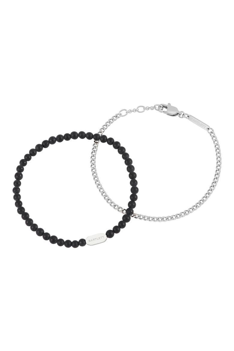 Men's Black Onyx Bead & Curb Chain Bracelet Set, Main, color, SILVER
