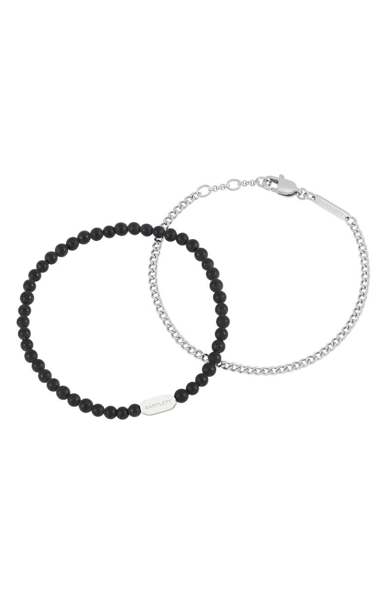 Estella Bartlett Men's Black Onyx Bead & Curb Chain Bracelet Set, Main, color, Silver
