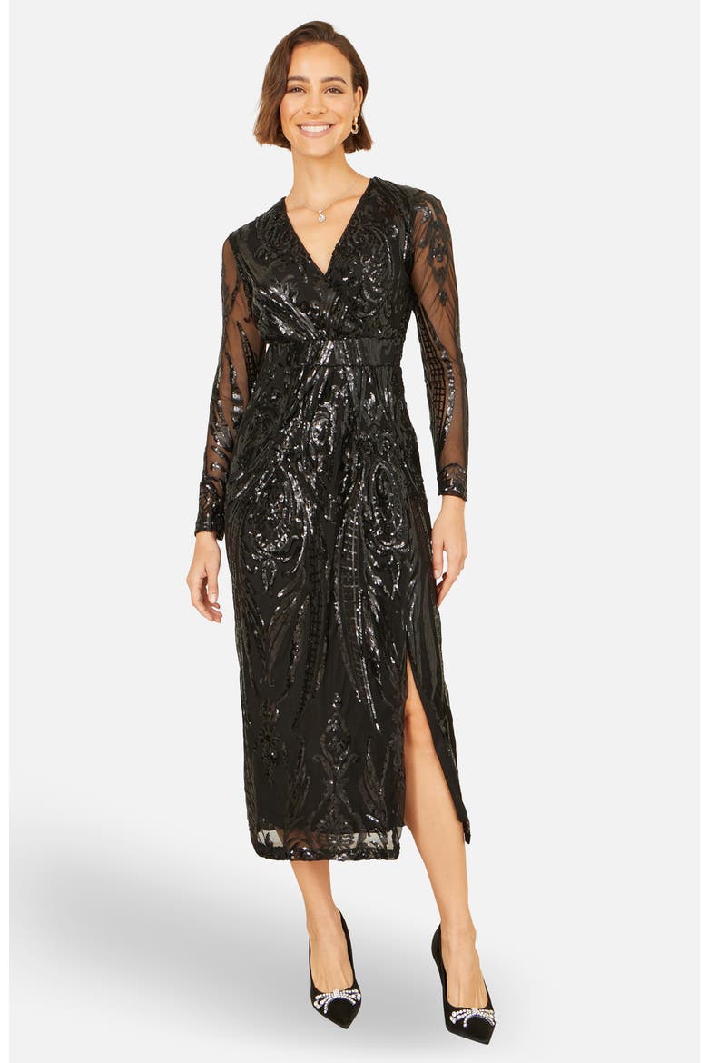 Sequin Midi Long Sleeve Wrap Dress, Main, color, Black