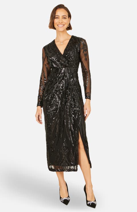Sequin Midi Long Sleeve Wrap Dress