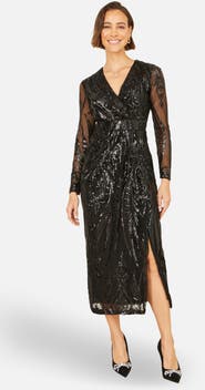 Yumi Sequin Midi Long Sleeve Wrap Dress