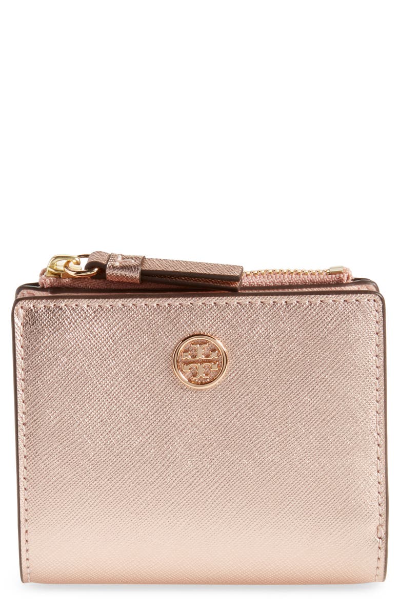 Tory Burch Robinson Metallic Leather Bifold Wallet, Main, color, 