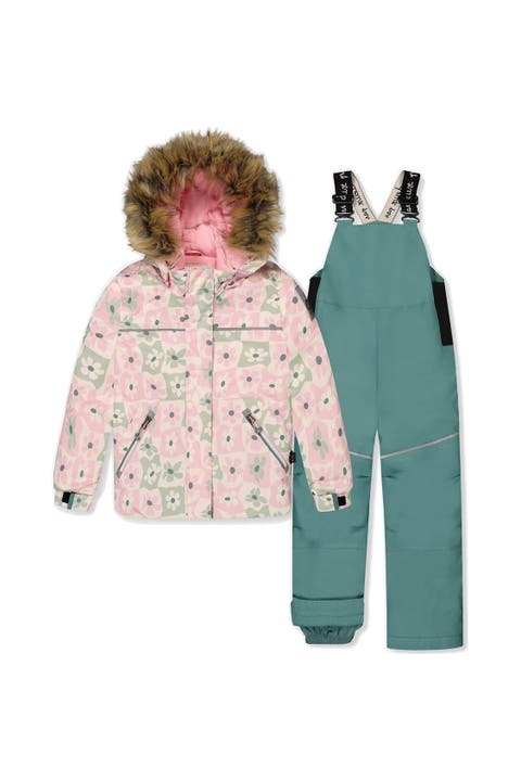 Discover Retro Faux Fur Hood Jacket & Suspender Pants Two Piece Snowsuit