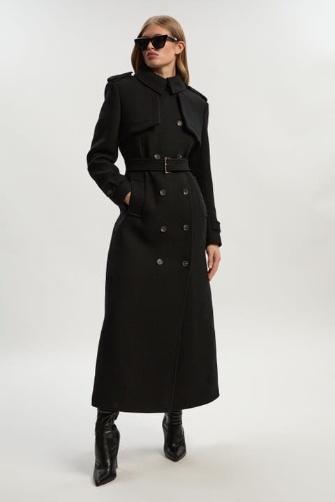 Wool Mix Belted Trench Maxi Coat