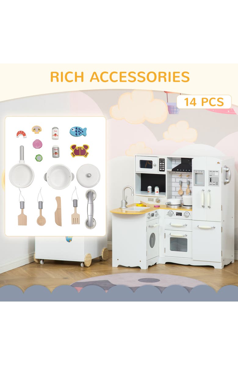 Qaba Kids Corner Kitchen Pretend Play Toy with Sound Effect, Appliances, Sink​, Alternate, color, White, Silver;