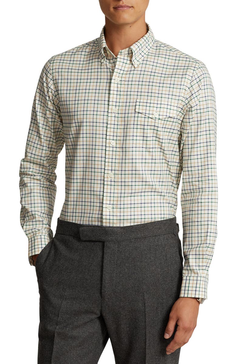 Polo Ralph Lauren Windowpane Button-Down Shirt, Main, color, Cream/ Green Multi