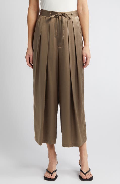 Pleated Silk Ankle wide Leg Pants