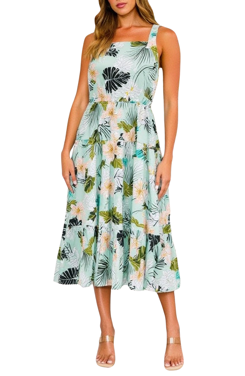 Knit and Lounge Tropical Print Square Neck Midi Dress with Tiered Design, Main, color, 