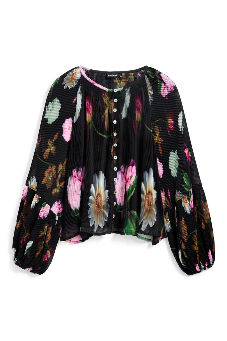 Floral Print Plissé Top, Alternate, color, BLACK
