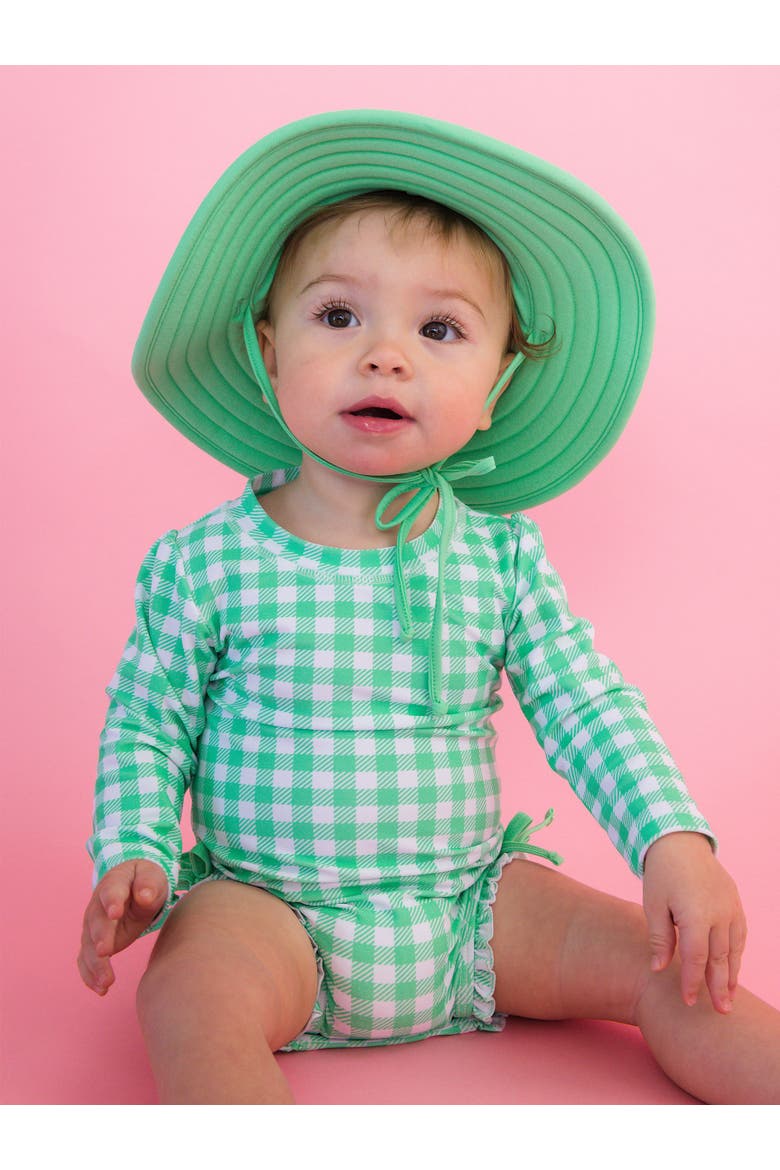 Baby Girls Gingham Long Sleeve UPF50+ One Piece Rash Guard, Alternate, color, Spring Green Gingham