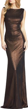 Ieena for Mac Duggal Metallic Column Evening Gown with Elegant Cowl Back