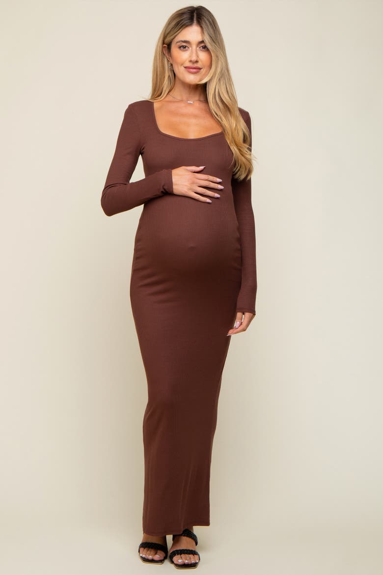 Ribbed Long Sleeve Square Neck Maxi Dress, Alternate, color, Brown