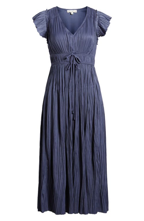 Moon River Pleated Tie Waist Midi Dress In Navy