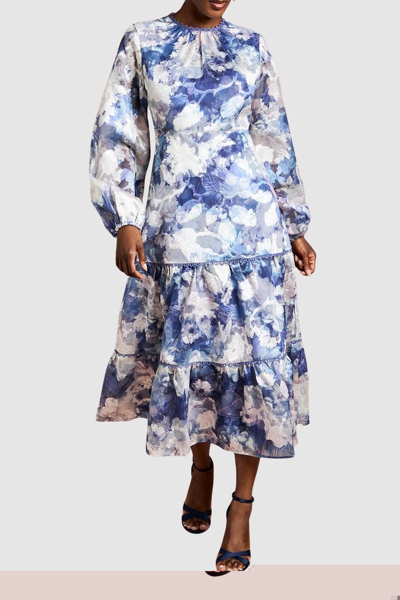 Printed Volume Fit And Flare Dress, Alternate, color, Navy