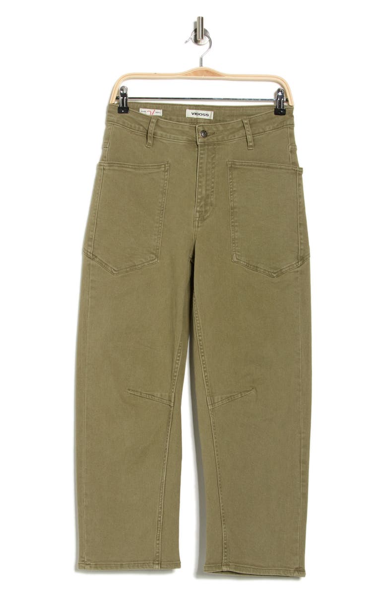 Vigoss Horseshoe High Waist Crop Barrel Jeans, Alternate, color, Olive