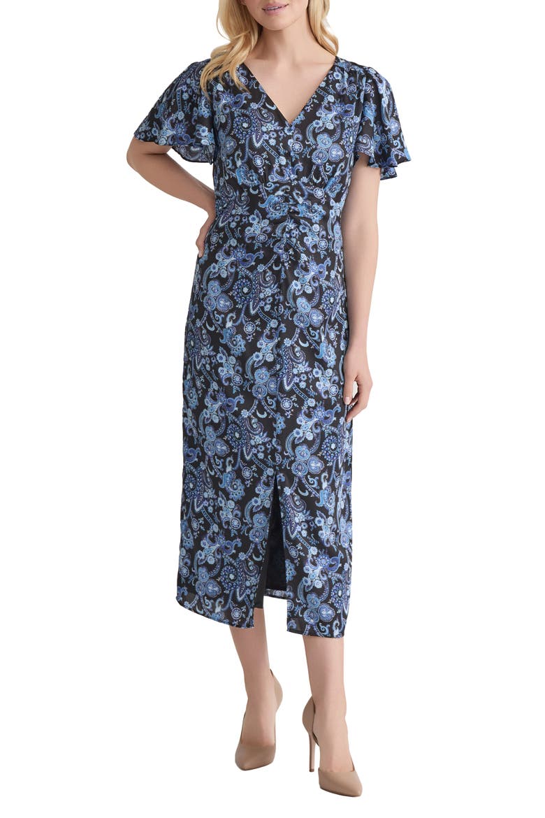 Flutter Sleeve Midi Dress, Main, color, JONES BLACK MULTI