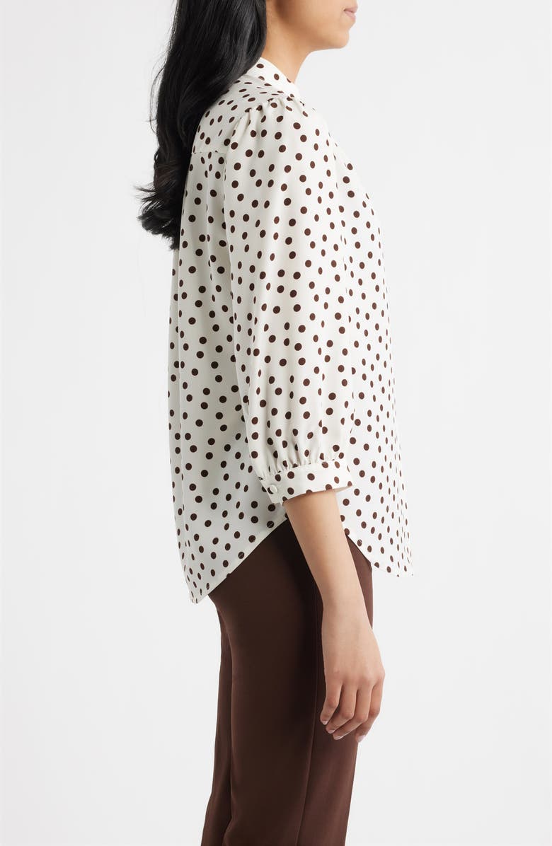 Anne Klein Polka Dot Split Neck Crêpe de Chine Top, Alternate, color, White Dove/ Chocolate