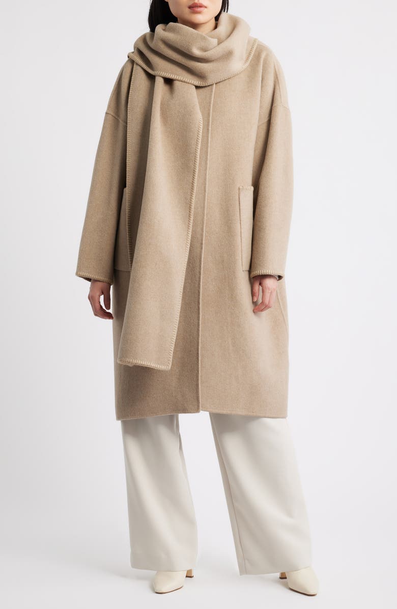 BOSS Chalet Wool Blend Double Face Coat with Scarf, Main, color, Beige