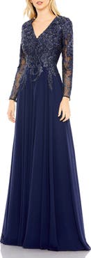 Mac Duggal Embroidered Illusion Long Sleeve V Neck Gown