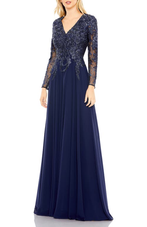 Mac Duggal Beaded Bodice Long Sleeve A-line Gown In Navy
