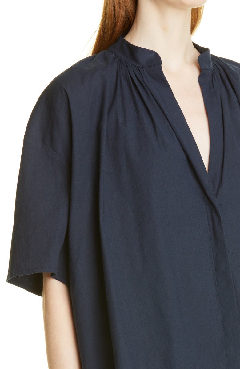 Vince Shirred Band Collar Linen Blend Blouse, Alternate, color, Coastal