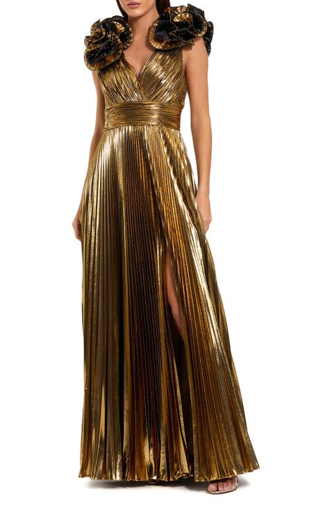 Pleated Metallic V Neck Gown With Ruffle Detail
