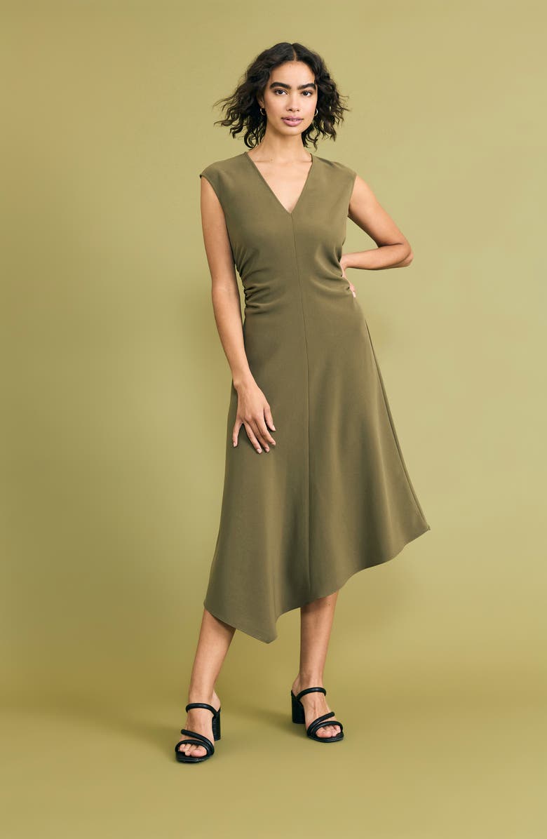 Luxely Asymmetric Ruched Midi Dress, Alternate, color, Burnt Olive