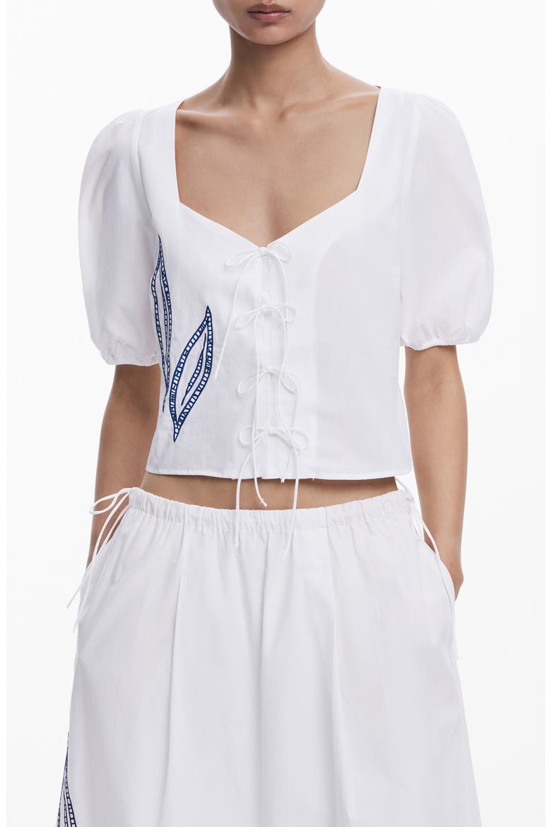 Embroidered Tie Front Top, Main, color, WHITE