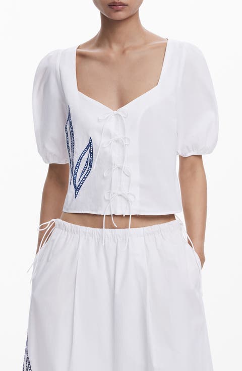 Embroidered Tie Front Top