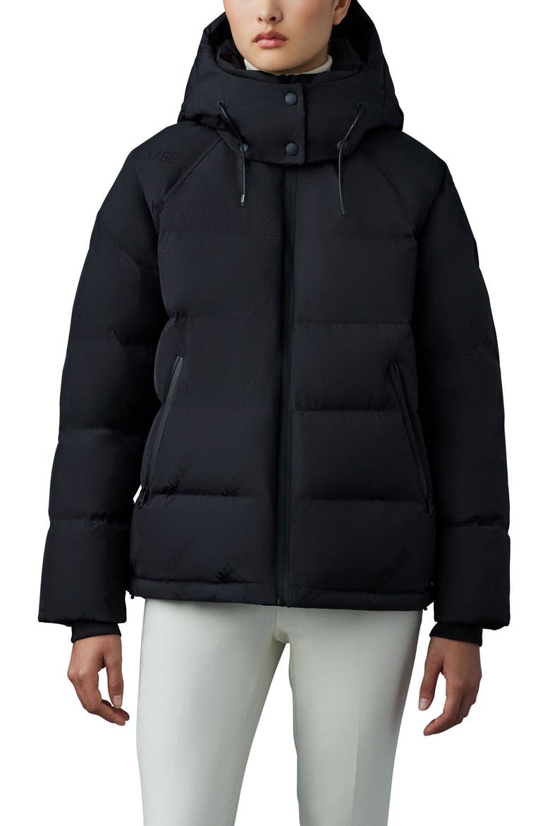 Edana City MG Logo Jacquard 800 Fill Power Down Puffer Coat with Removable Hood, Main, color, BLACK
