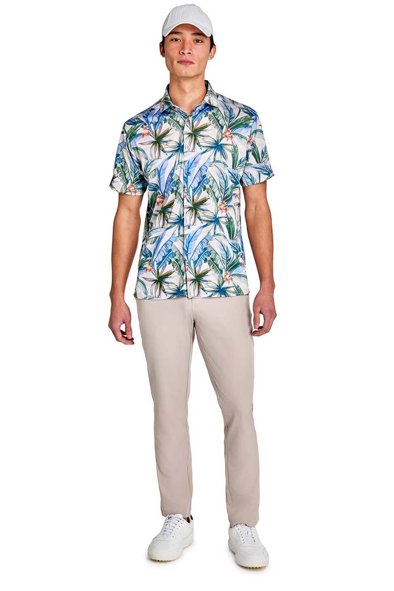 Regular Fit Tropical Chambray Recycled Performance Golf Button-Down Shirt, Alternate, color, CREAM