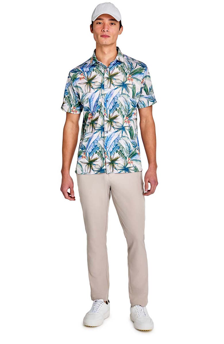 CONSTRUCT Regular Fit Tropical Chambray Recycled Performance Golf Button-Down Shirt, Alternate, color, Cream