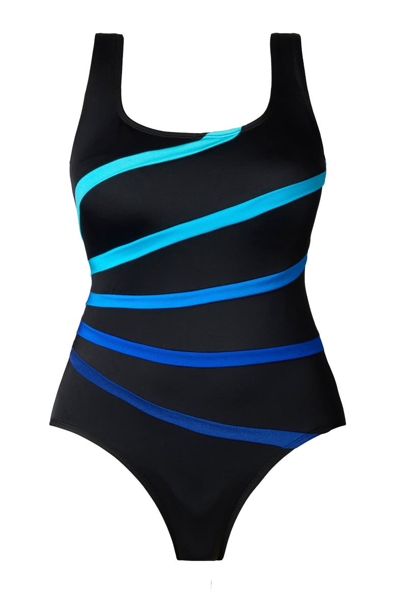 Folded Band Fan Tank Long Torso One-Piece Swimsuit, Alternate, color, Blue